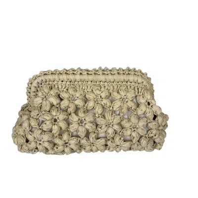 Springmoonatelier Women's Neutrals Handmade Cream Raffia Clutch Bag With Floral Motifs – Elegant Spring And Summer Pur