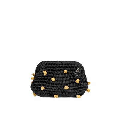 Springmoonatelier Women's Pompom Black Raffia Clucht Handbag