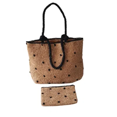 Springmoonatelier Women's Raffia Most Beautiful Brown Polka Dot Beach Bag And Small Clutch Bag