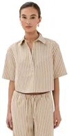 Sprwmn Cropped Oversized Henley Camel Stripe In Brown