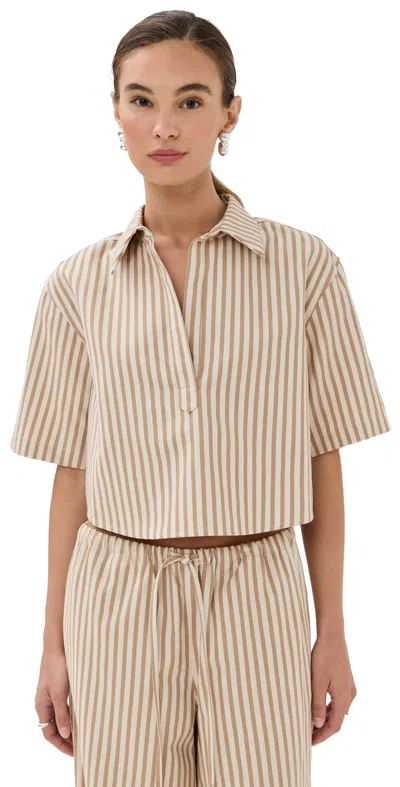Sprwmn Cropped Oversized Henley Camel Stripe