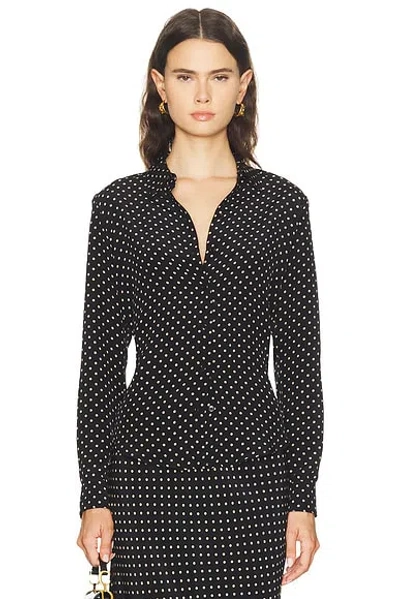 Sprwmn Fitted Silk Button Up Top In Black Polka Dot
