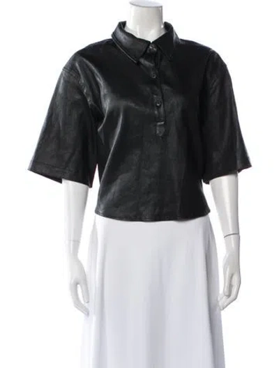 Pre-owned Sprwmn Lamb Leather Short Sleeve Button-up Top In Black