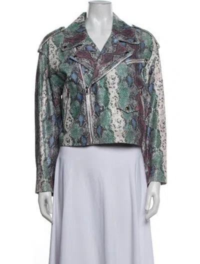 Pre-owned Sprwmn Leather Animal Print Biker Jacket In Green