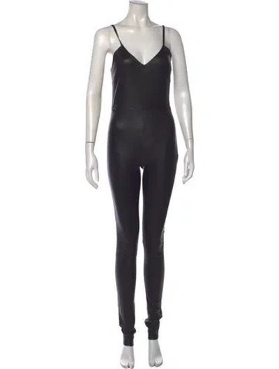 Pre-owned Sprwmn Leather V-neck Jumpsuit In Black