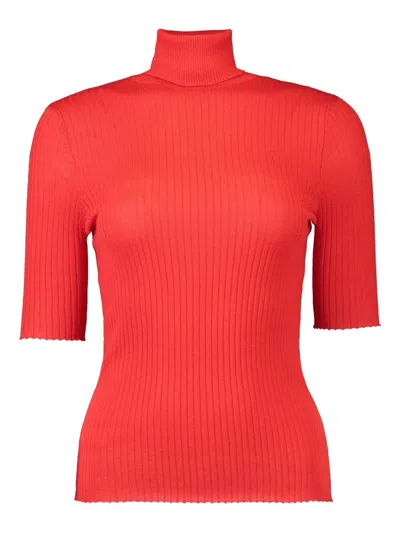 Sprwmn Short-sleeve Turtleneck Top In Red
