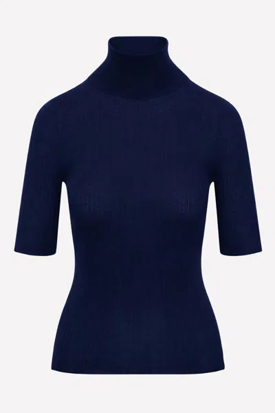 Sprwmn Women's Cashmere Turtleneck Short Sleeve Sweater In Navy In Blue