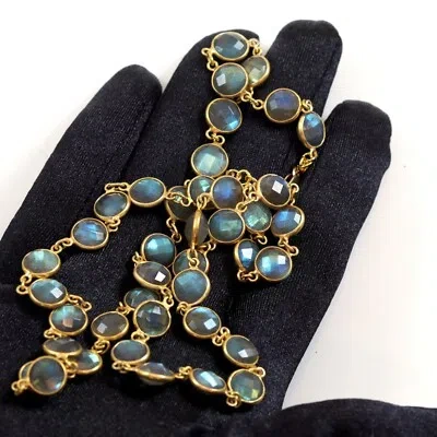 Pre-owned Spyglass Designs Labradorite Necklace Bezel Large Chain Blue Faceted Round 14k Gold Plate 24 Inch