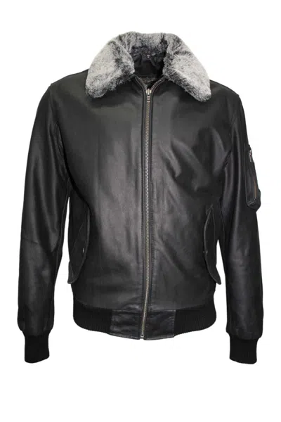 Pre-owned Sr Real Leather Men's Ww2 Fur Pilot Bomber Air Force Style Black Real Skipper Leather Jacke