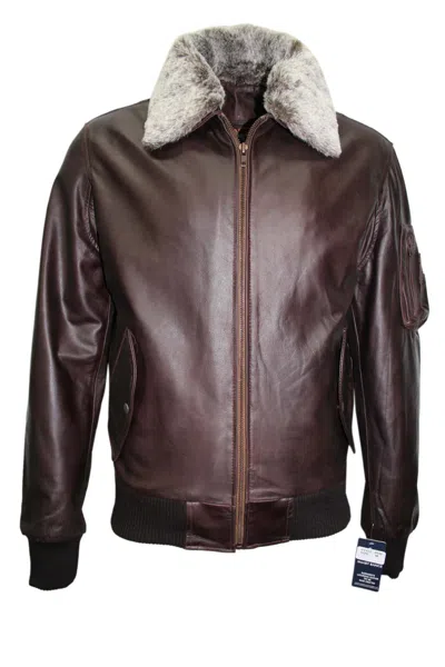 Pre-owned Sr Real Leather Men's Ww2 Fur Pilot Bomber Air Force Style Brown Real Skipper Leather Jacket