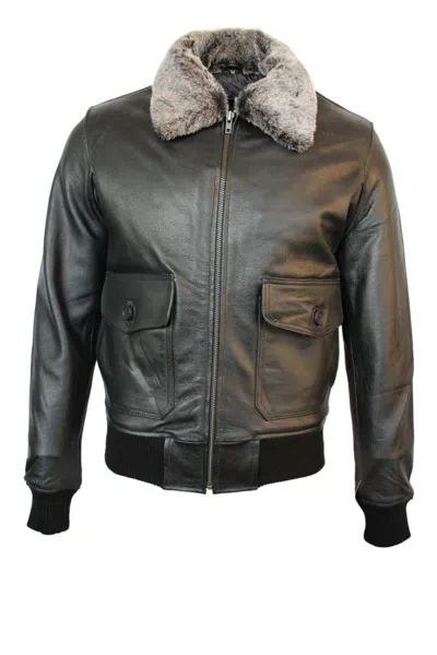 Pre-owned Sr Real Leather Top Gun Men's Fur Bomber Air Force Style Black Real Cowhide Leather Jacket