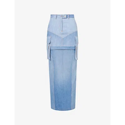 Srvc Womens Denim Blues Uma Patch-pocket Upcycled-denim Maxi Skirt