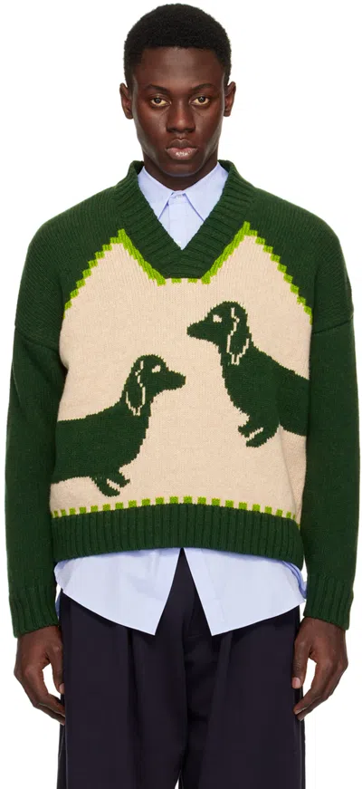 S.s.daley Green & Off-white Intarsia Sweater In Olive/ecru