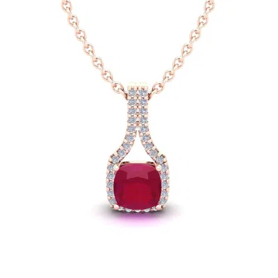 Sselects 1 1/2 Carat Cushion Cut Ruby And Classic Halo Diamond Necklace In 14 Karat Rose Gold In Red