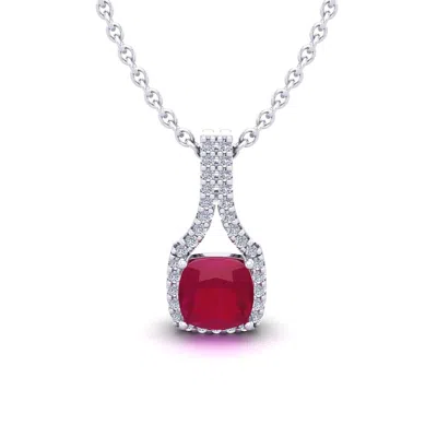 Sselects 1 1/2 Carat Cushion Cut Ruby And Classic Halo Diamond Necklace In 14 Karat White Gold In Red