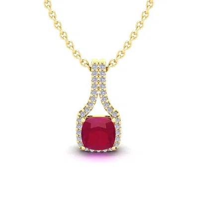 Sselects 1 1/2 Carat Cushion Cut Ruby And Classic Halo Diamond Necklace In 14 Karat Yellow Gold In Red