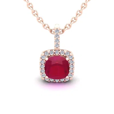 Sselects 1 1/2 Carat Cushion Cut Ruby And Halo Diamond Necklace In 14 Karat Rose Gold In Red