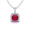 SSELECTS 1 1/2 CARAT CUSHION CUT RUBY AND HALO DIAMOND NECKLACE IN 14 KARAT WHITE GOLD