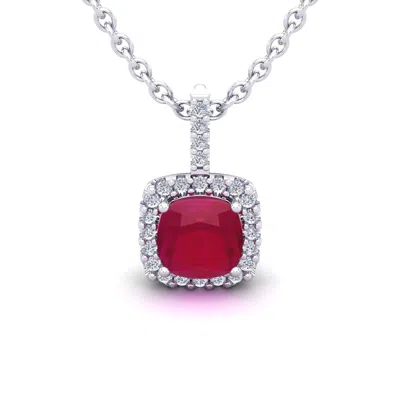 Sselects 1 1/2 Carat Cushion Cut Ruby And Halo Diamond Necklace In 14 Karat White Gold In Red