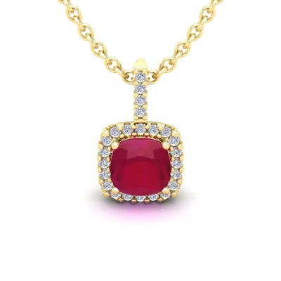 Sselects 1 1/2 Carat Cushion Cut Ruby And Halo Diamond Necklace In 14 Karat Yellow Gold In Red