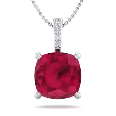 Sselects 1 1/2 Carat Cushion Cut Ruby And Hidden Halo Diamond Necklace In 14 Karat White Gold In Red