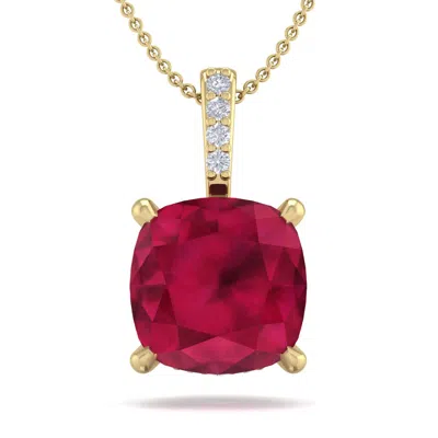 Sselects 1 1/2 Carat Cushion Cut Ruby And Hidden Halo Diamond Necklace In 14 Karat Yellow Gold In Burgundy