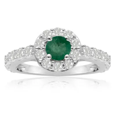 Sselects 1 1/2 Carat Halo Diamond And Emerald Engagement Ring In 14 Karat White Gold In Green