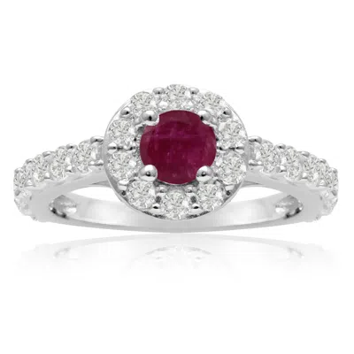 Sselects 1 1/2 Carat Halo Diamond And Ruby Engagement Ring In 14 Karat White Gold In Red