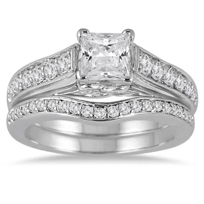 Sselects 1 1/2 Carat Tw Princess Diamond Bridal Set In 14k White Gold