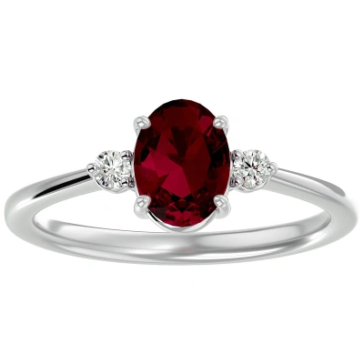 Sselects 1 1/3 Carat Oval Shape Created Ruby And Two Diamond Ring In Sterling Silver In Red