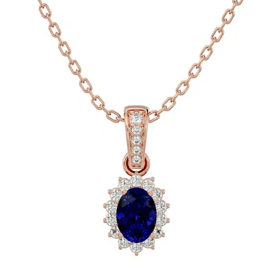 Sselects 1 1/3 Carat Oval Shape Sapphire And Diamond Necklace In 14 Karat Rose Gold In Blue