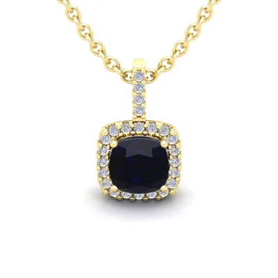 Sselects 1 1/4 Carat Cushion Cut Sapphire And Halo Diamond Necklace In 14 Karat Yellow Gold In Black