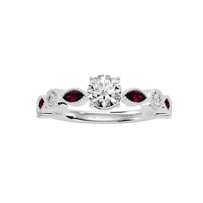 Sselects 1 1/4 Carat Round And Marquise Vintage Diamond And Ruby Engagement Ring In 14 Karat White Gold In Red