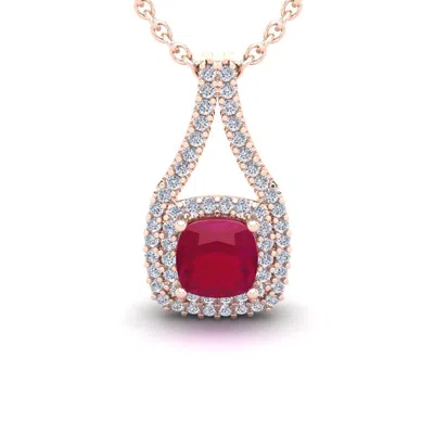 Sselects 1 2/3 Carat Cushion Cut Ruby And Double Halo Diamond Necklace In 14 Karat Rose Gold In Red