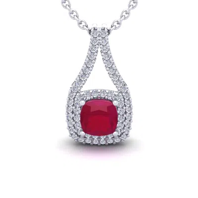 Sselects 1 2/3 Carat Cushion Cut Ruby And Double Halo Diamond Necklace In 14 Karat White Gold In Red