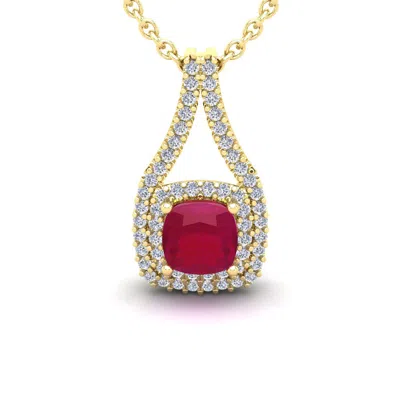 Sselects 1 2/3 Carat Cushion Cut Ruby And Double Halo Diamond Necklace In 14 Karat Yellow Gold In Red
