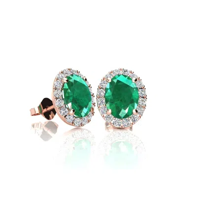Sselects 1 3/4 Carat Oval Shape Emerald And Halo Diamond Stud Earrings In 14 Karat In Green