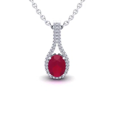 Sselects 1 3/4 Carat Oval Shape Ruby And Halo Diamond Necklace In 14 Karat White Gold In Red
