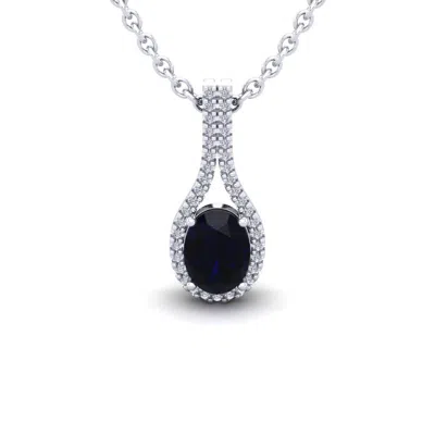 Sselects 1 3/4 Carat Oval Shape Sapphire And Halo Diamond Necklace In 14 Karat White Gold In Black