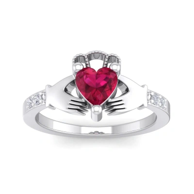 Sselects 1 Carat Heart Shape Created Ruby And Diamond Claddagh Ring In Sterling Silver In Red