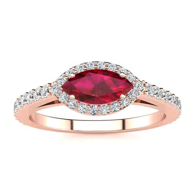 Sselects 1 Carat Marquise Shape Ruby And Halo Diamond Ring In 14 Karat Rose Gold In Multi