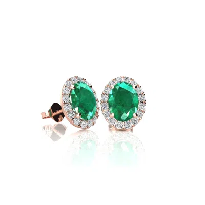 Sselects 1 Carat Oval Shape Emerald And Halo Diamond Stud Earrings In 14 Karat In Green