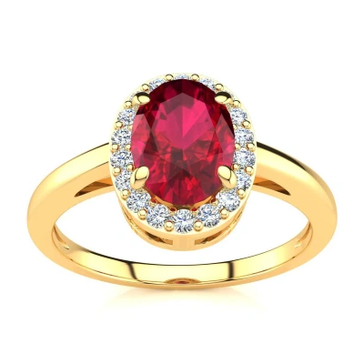 Sselects 1 Carat Oval Shape Ruby And Halo Diamond Ring In 14k Yellow Gold In Red