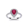 SSELECTS 1 CARAT PEAR SHAPE CREATED RUBY AND DOUBLE HALO DIAMOND RING IN STERLING SILVER