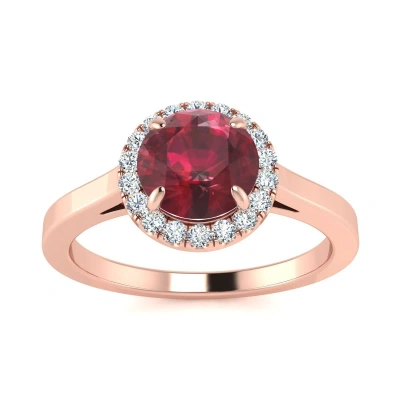 Sselects 1 Carat Round Shape Ruby And Halo Diamond Ring In 14 Karat Rose Gold In Red