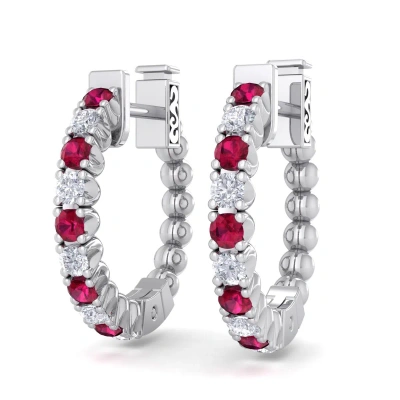 Sselects 1/2 Carat Ruby And Diamond Hoop Earrings In 14 Karat White Gold In Red