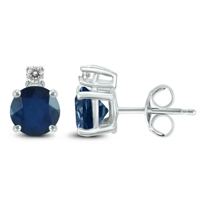Sselects 14k 4mm Round Sapphire And Diamond Earrings In Blue
