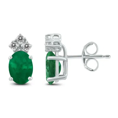 Sselects 14k 5x3mm Oval Emerald And Three Stone Diamond Earrings In Green