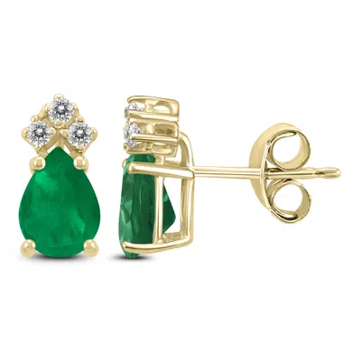 Sselects 14k 5x3mm Pear Emerald And Three Stone Diamond Earrings In Green