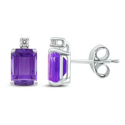 Sselects 14k 6x4mm Emerald Shaped Amethyst And Diamond Earrings In White